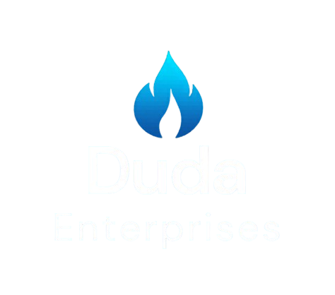 A blue flame icon above the white text "Duda Enterprises" on a black background.