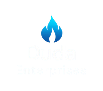 A blue flame icon above the white text "Duda Enterprises" on a black background.
