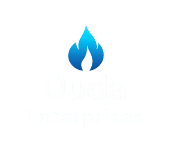 A blue flame icon above the white text 