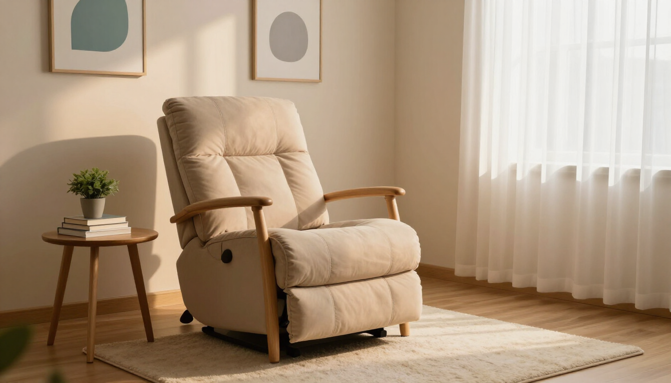 Beige recliner in a sunlit living room beside a small plant table and sheer curtains
