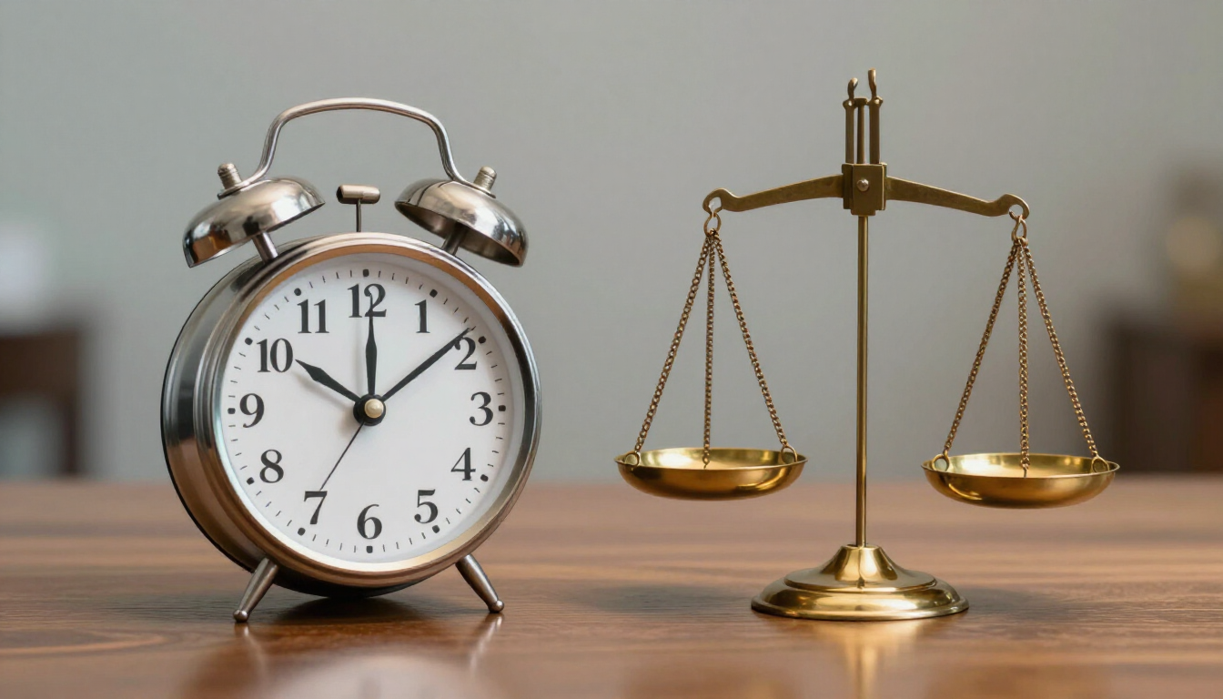 Silver alarm clock beside a gold balance scale on a plain background