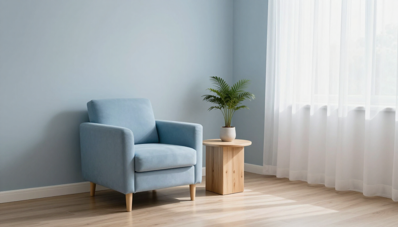 Blue armchair beside a small wooden table with a potted plant in a bright room by sheer curtains