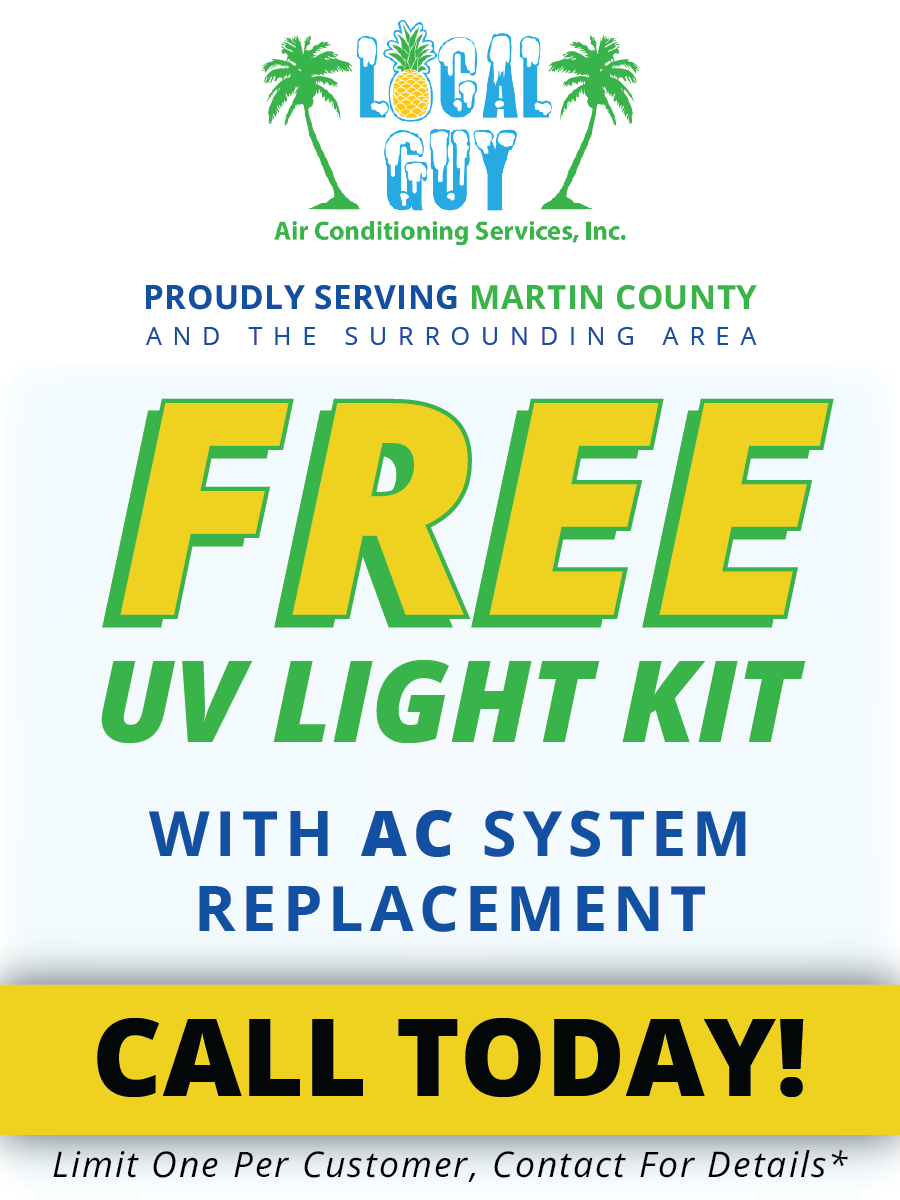 A sign that says free uv light kit with ac system replacement