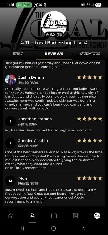 Mobile screen displaying The Local Barbershop's reviews with five-star ratings from customers.
