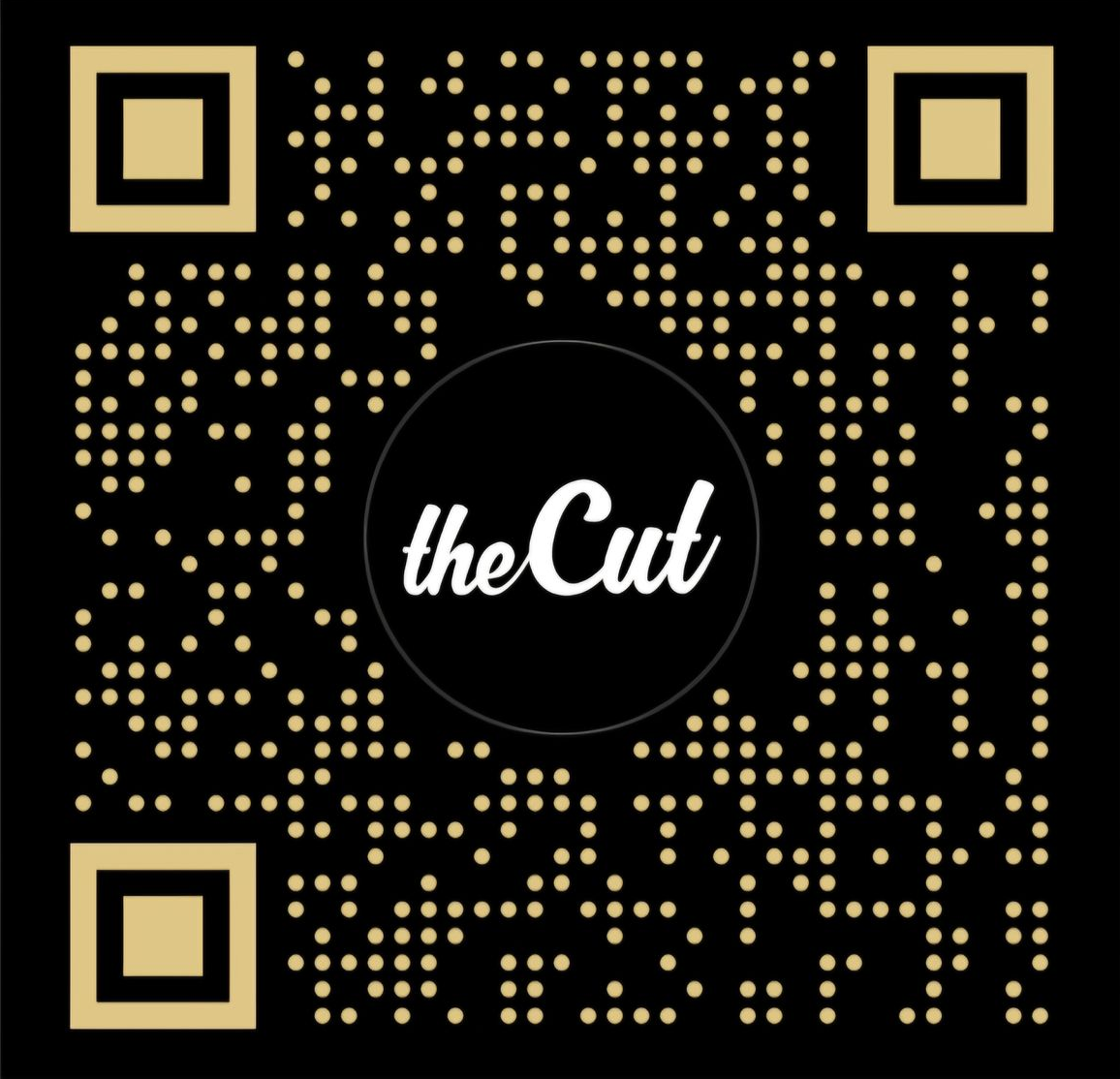 A black QR code with gold square corners and dots, featuring 