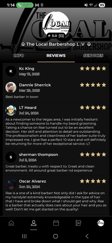 A mobile app screen displaying a list of five-star customer reviews for 