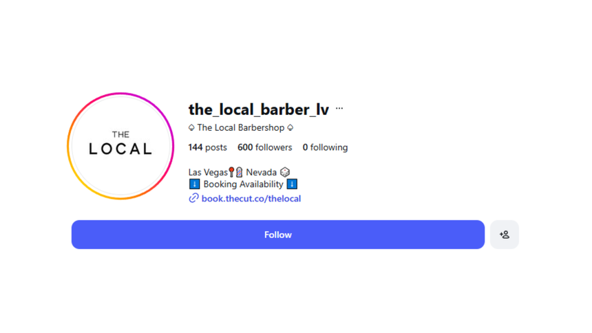 Instagram profile page for The Local Barbershop in Las Vegas, showing logo, follower count, and booking link.