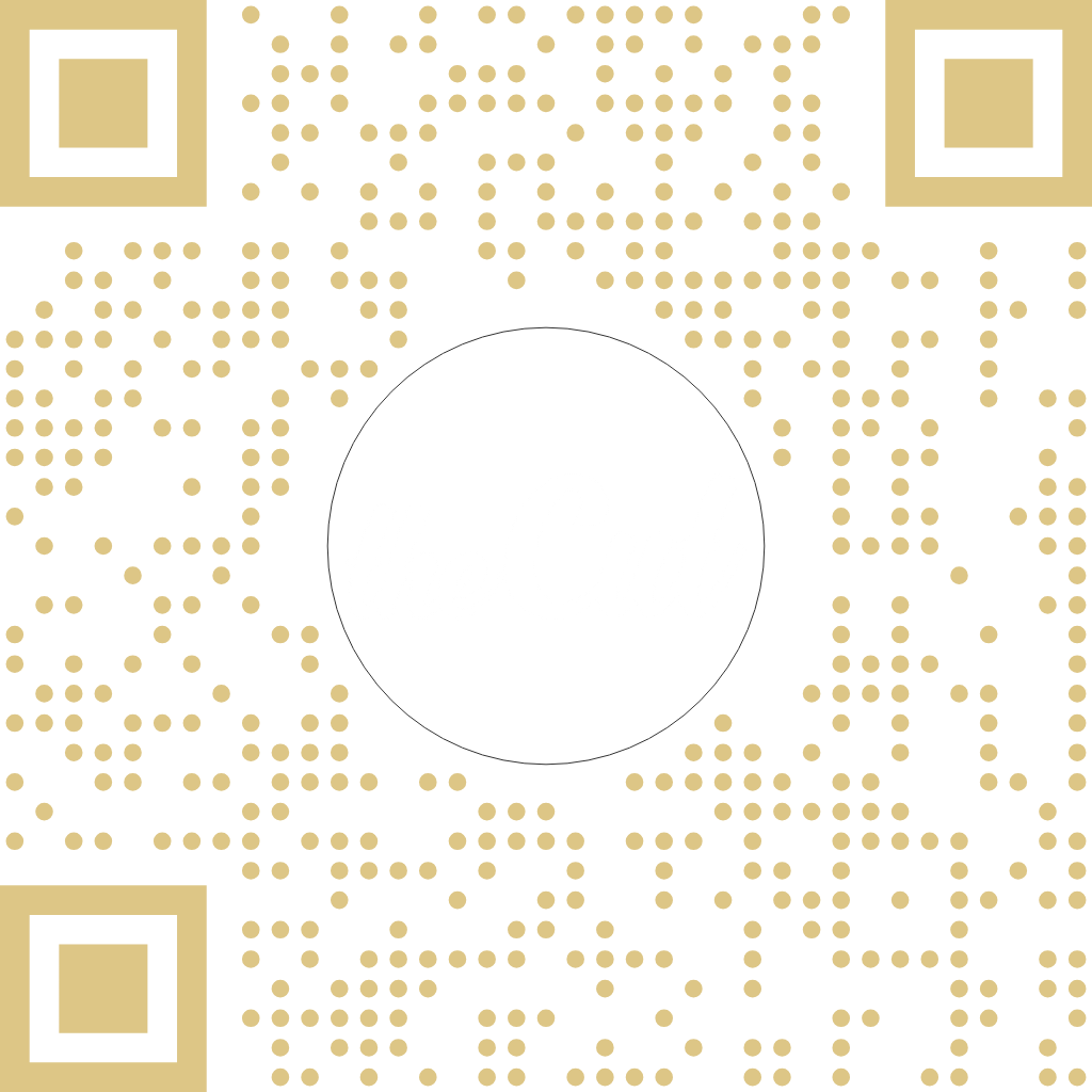 A transparent QR code with gold square corners and dots, featuring