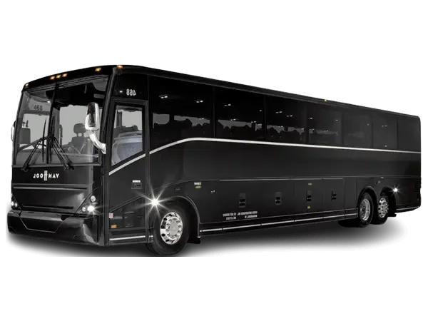 A black bus is parked on a white background.