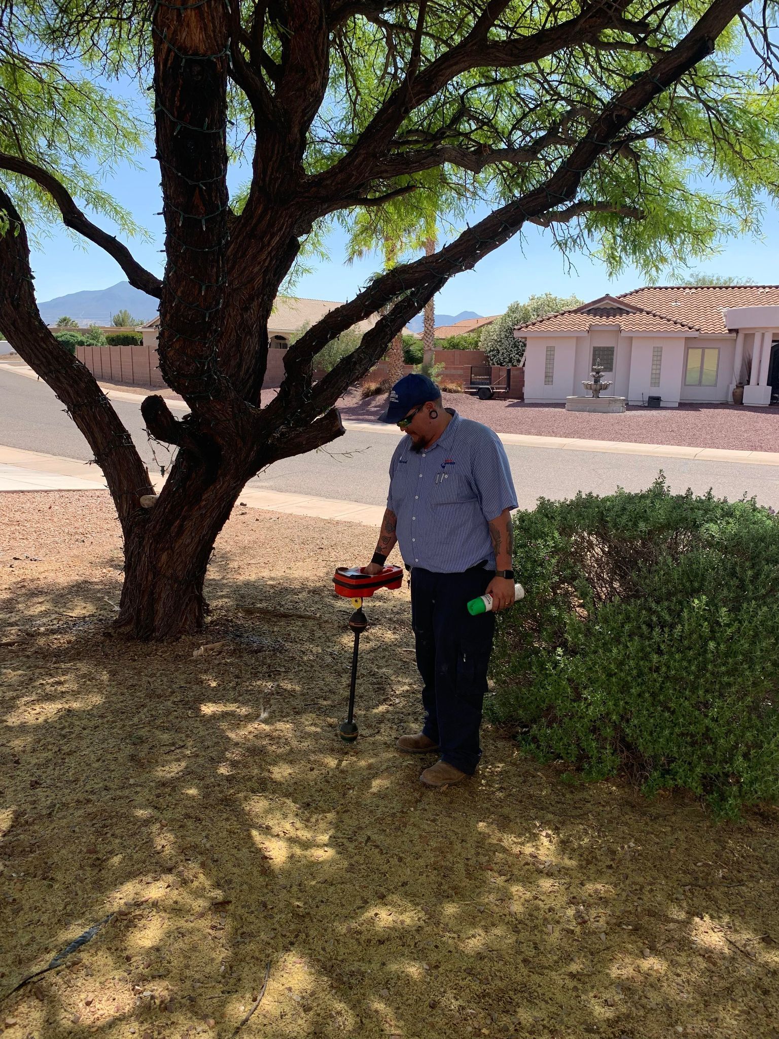 A man is standing in front of a tree holding a tool.