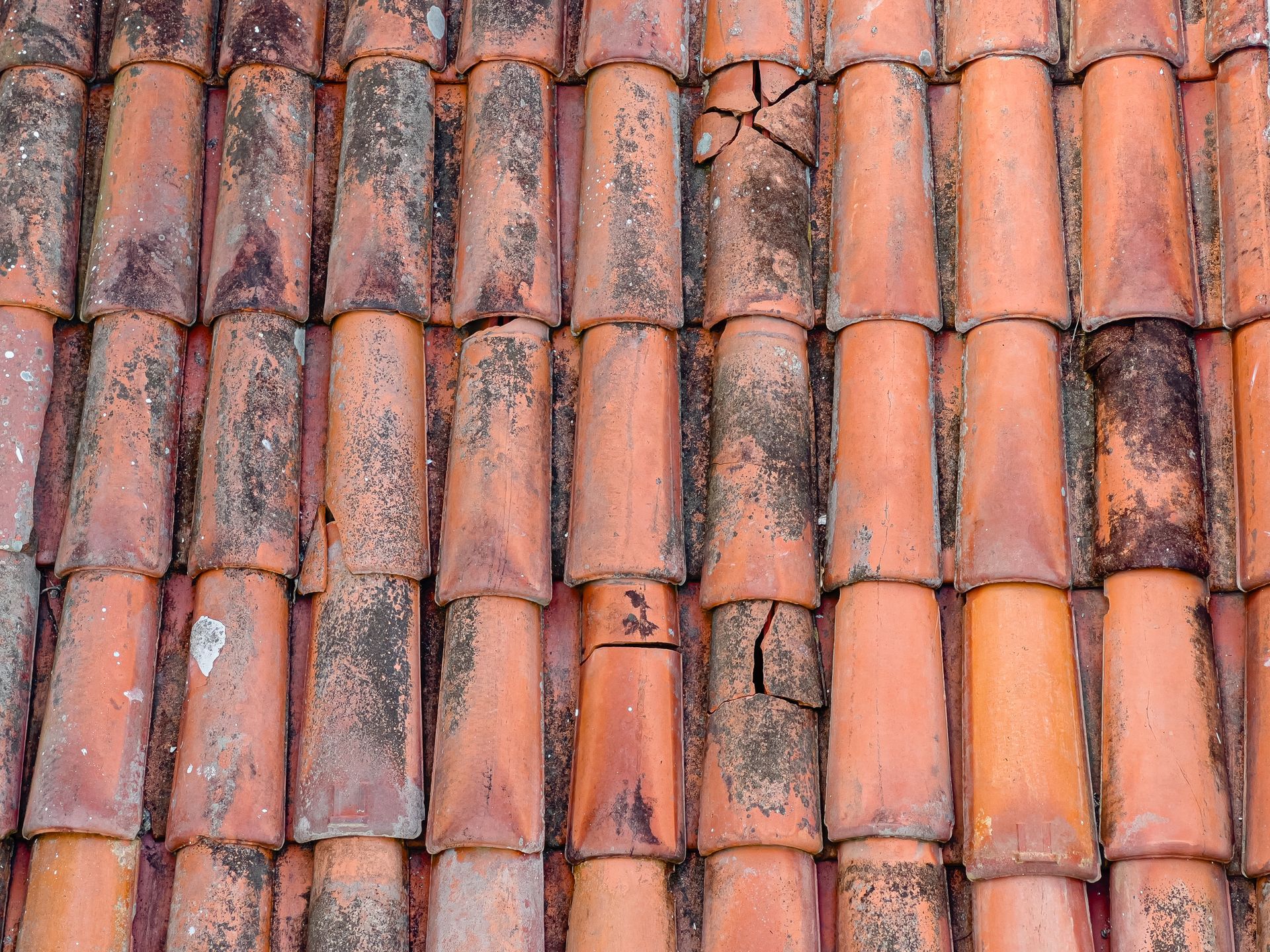 Overhead view of weathered, orange terracotta roof tiles, some with dark discoloration and cracks.