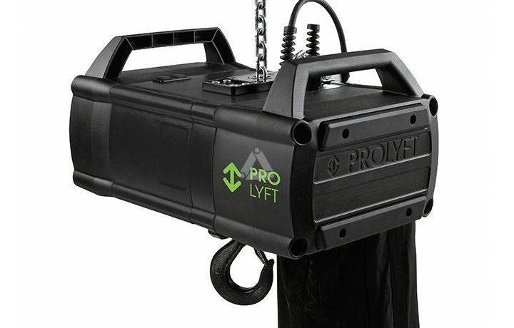 A black pro lift is hanging from a chain on a white background — Kennedy Amplifier Hire Service In Mackay QLD