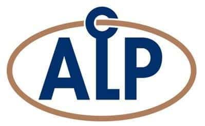 The alp logo is a blue and brown oval with a key in the middle.