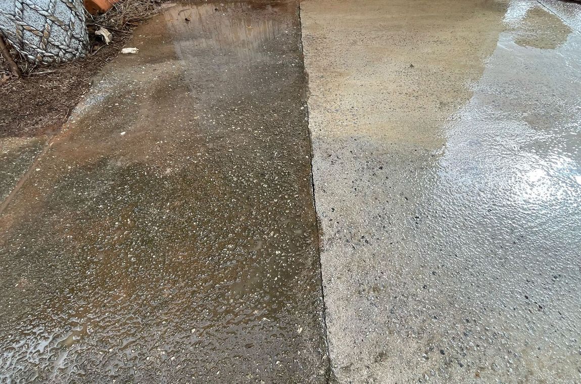 A before and after picture of a concrete floor.