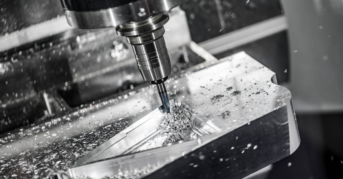 A close-up of a metalworking machine with a dermal cutting into a metal plate. There are metal shavi