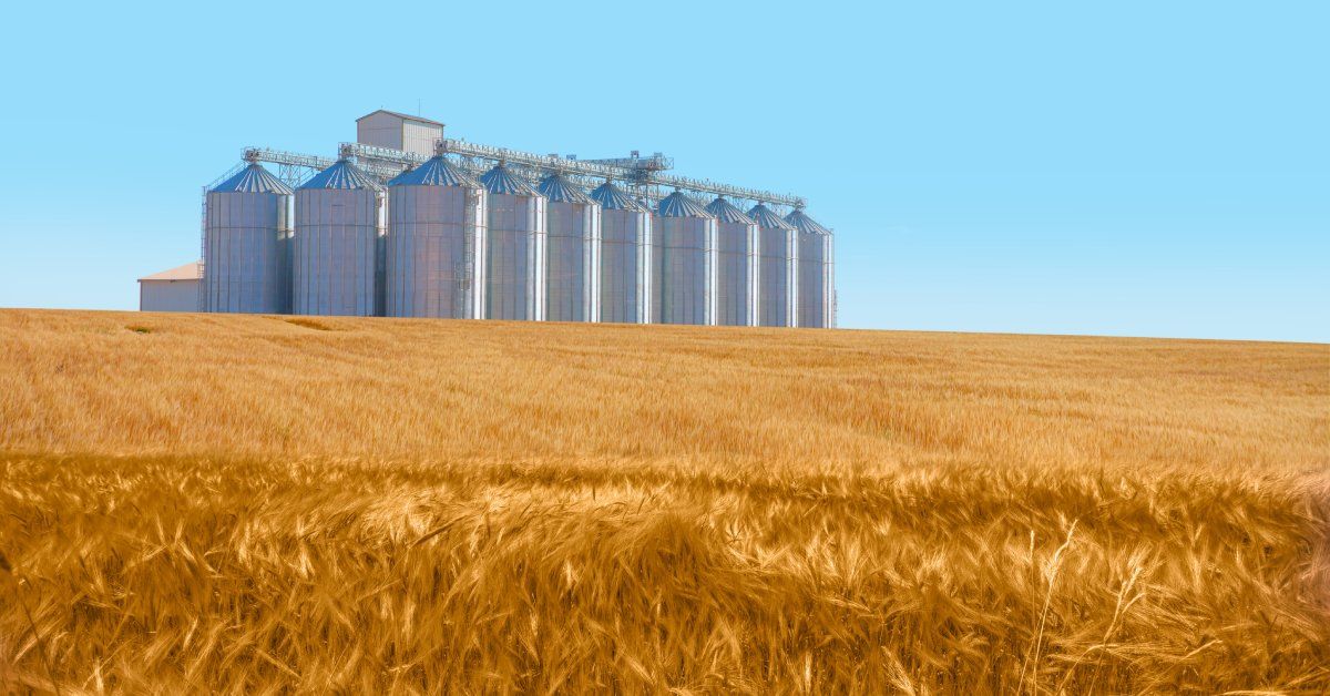  An agricultural complex with buildings and silos sitting in a large field beneath a blue sky.