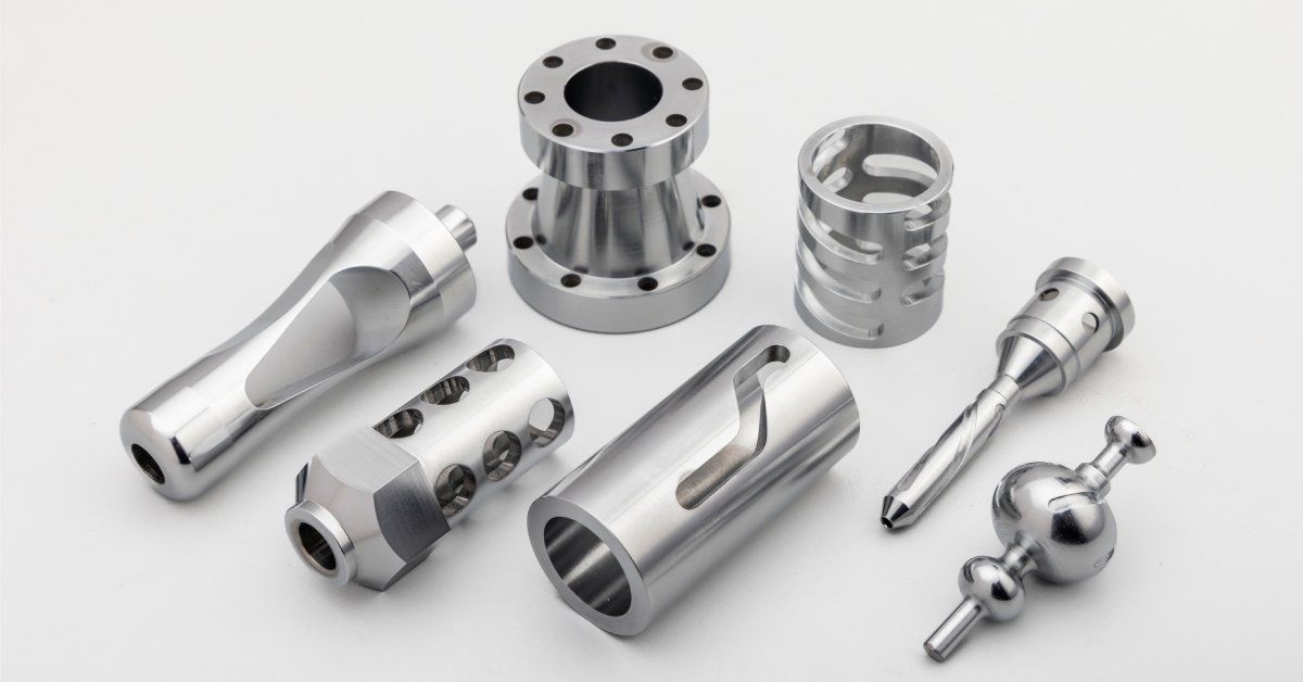 A group of various fabricated metal components made using a CNC machine organized over a white background.