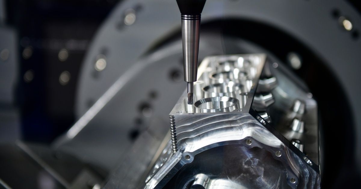 A close-up of a cutting tool in a five-axis CNC machine with a metal industrial component tilted on the worktable.
