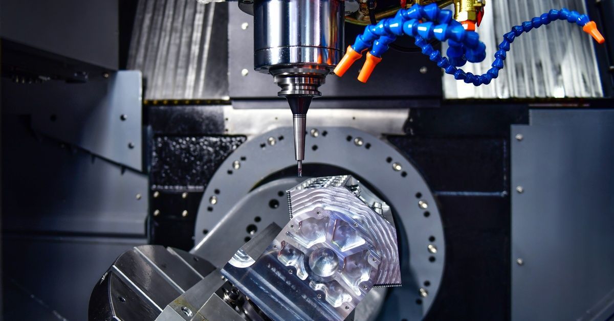 Inside a five-axis CNC machine, the work table is tilted at an angle with a cutting tool above.