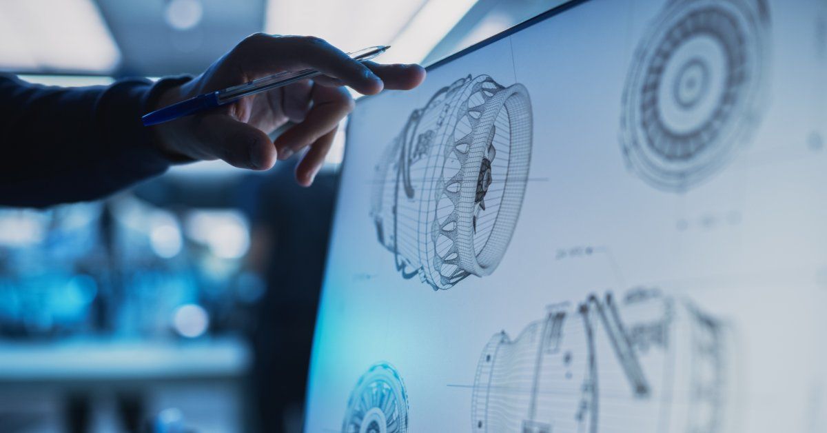 An engineer holding a pen points at a computer screen with 3D modeling software of a diagram of a jet engine.