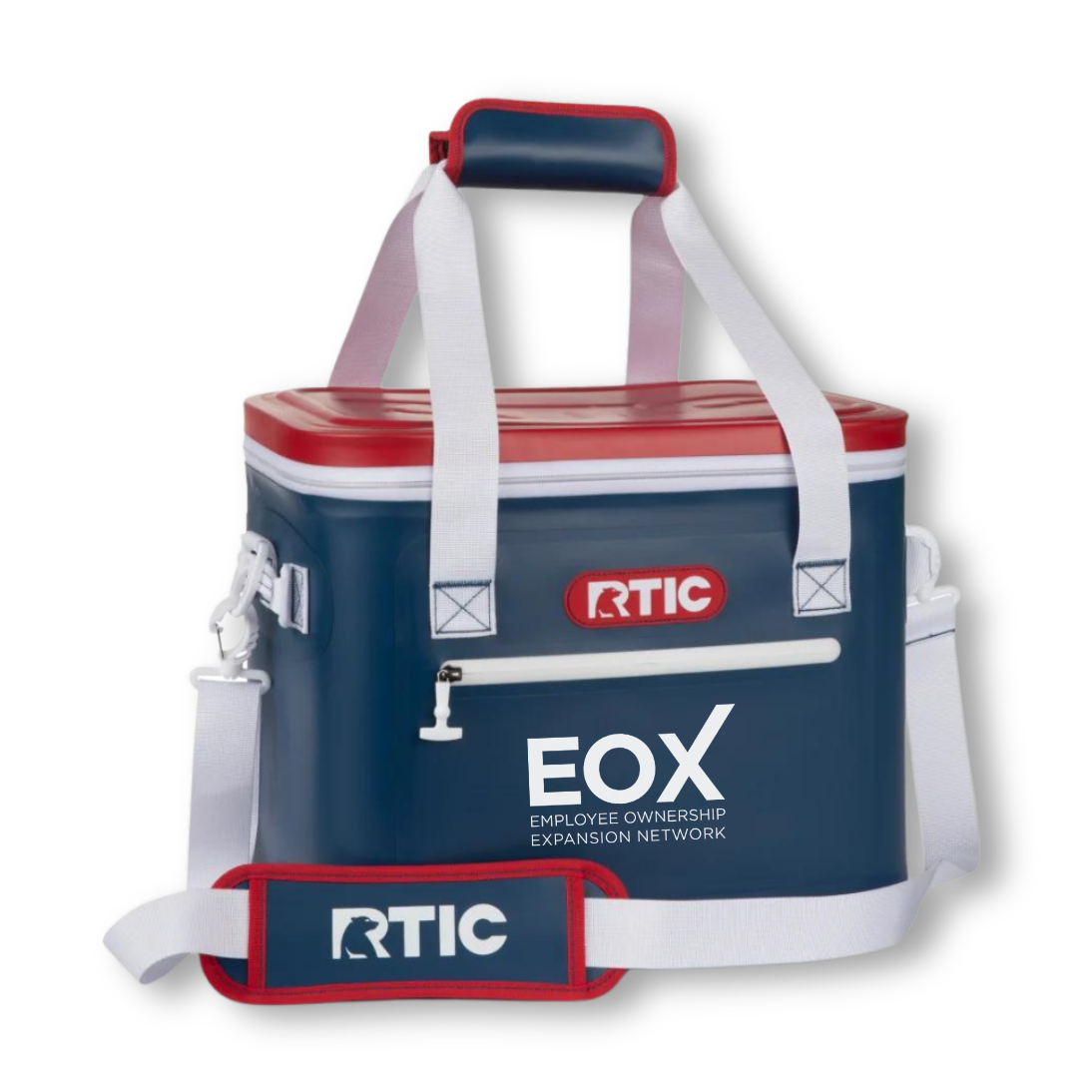 A blue and red rtic eox cooler bag