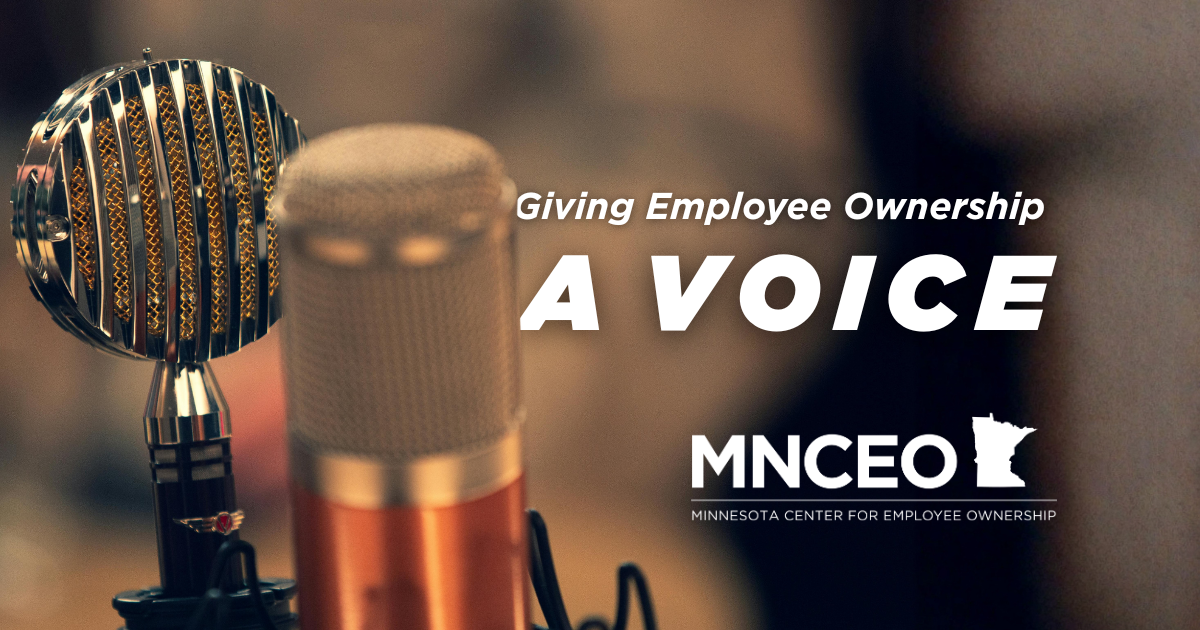 A podcast microphone with text and the MNCEO logo