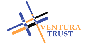 A logo for ventura trust with blue and orange lines