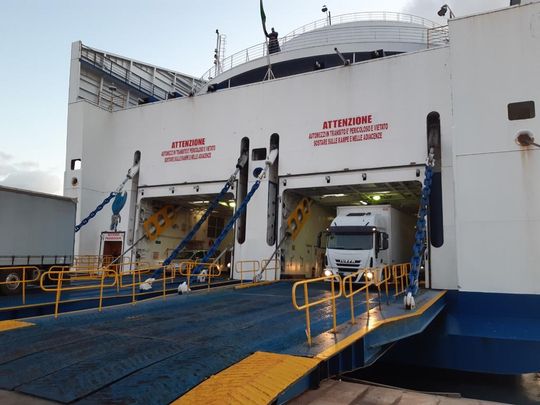 Un camion bianco viene caricato su una grande nave