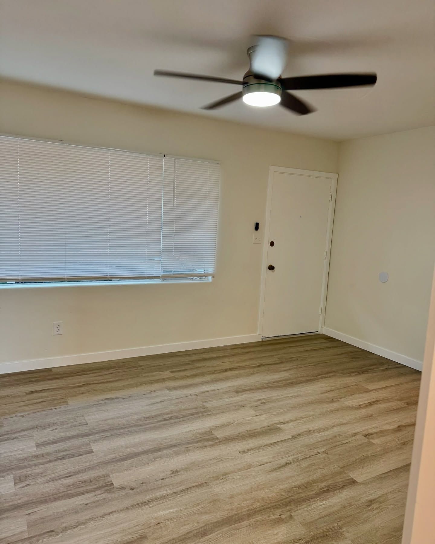 Empty living room with wood-look floor, closed blinds, and ceiling fan. White door and walls.