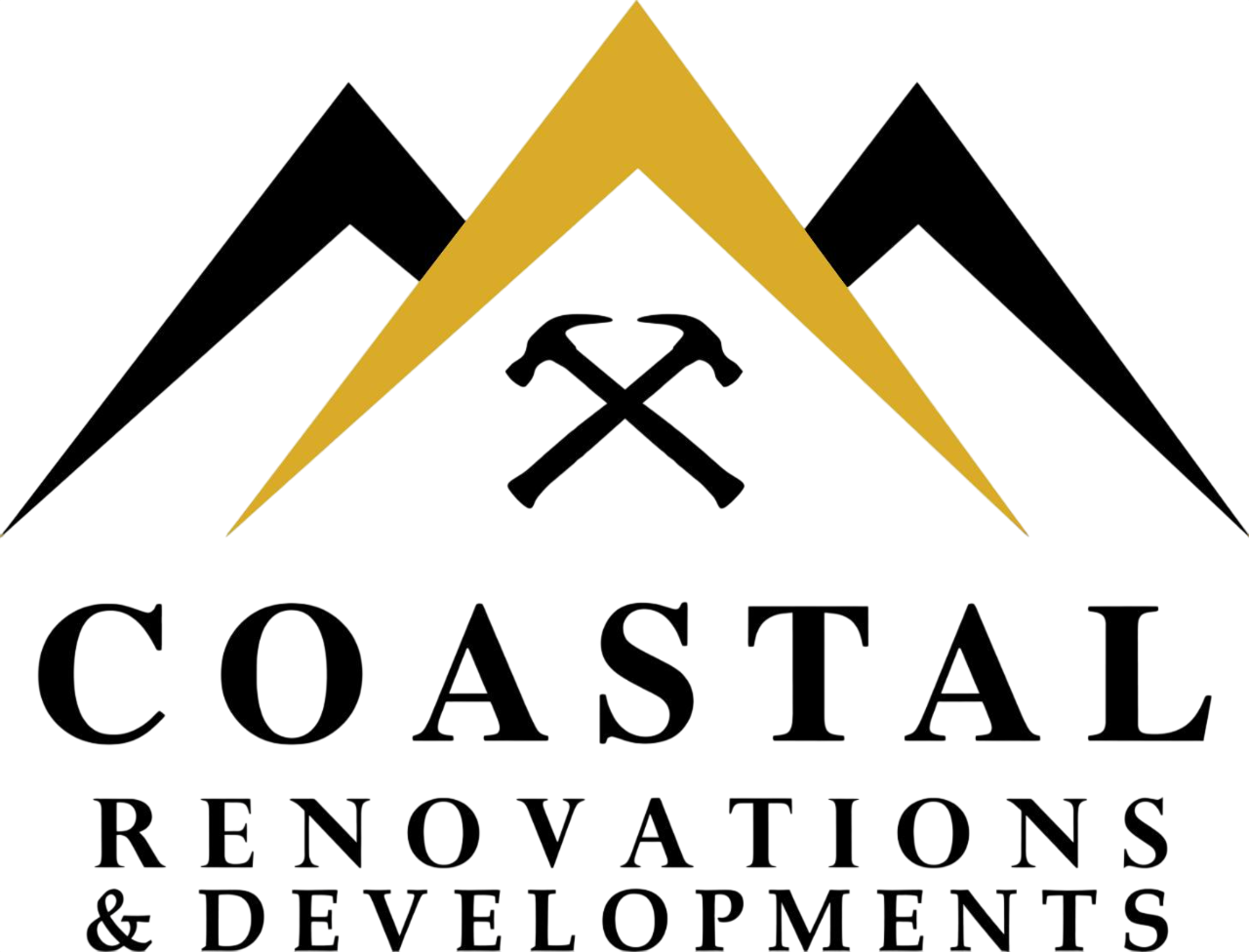 Logo: Black mountain silhouettes over gold peak, crossed hammers, and "Coastal Renovations & Developments" text.