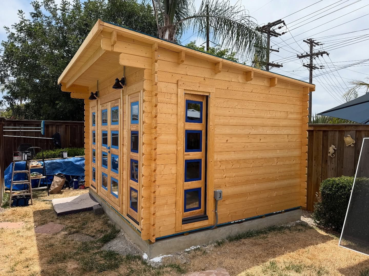 Wooden shed with glass doors and windows, sitting on a concrete foundation in a backyard.