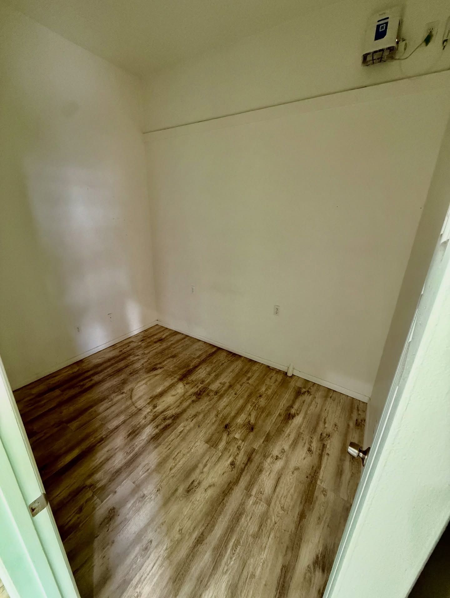 Empty closet with light wood-look flooring and white walls. Door partially open.