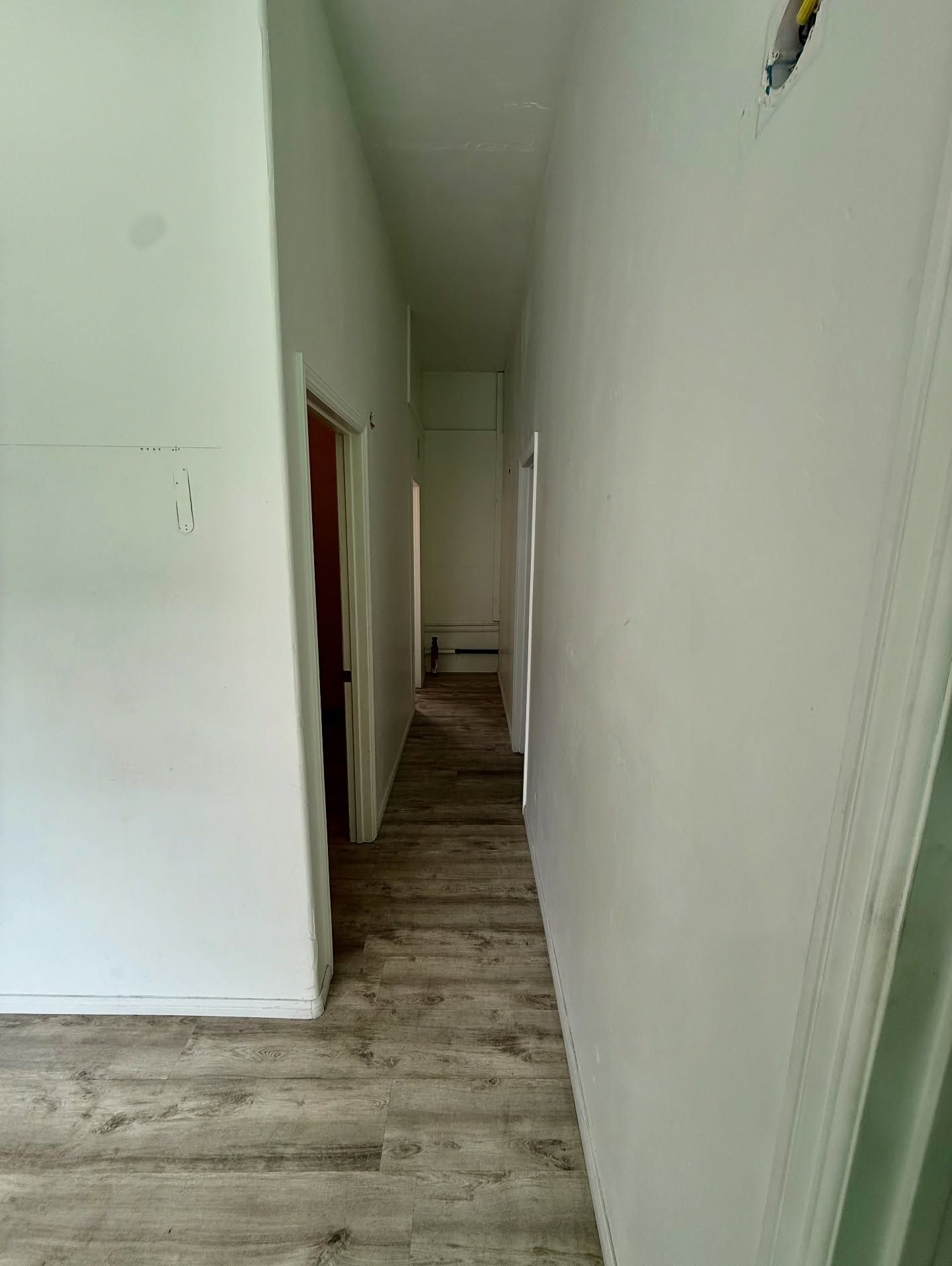 Long, narrow hallway with white walls and wood-look flooring. Doors on both sides.