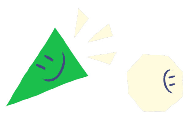 Green smiling triangle cheering at a pale yellow, sad octagon.
