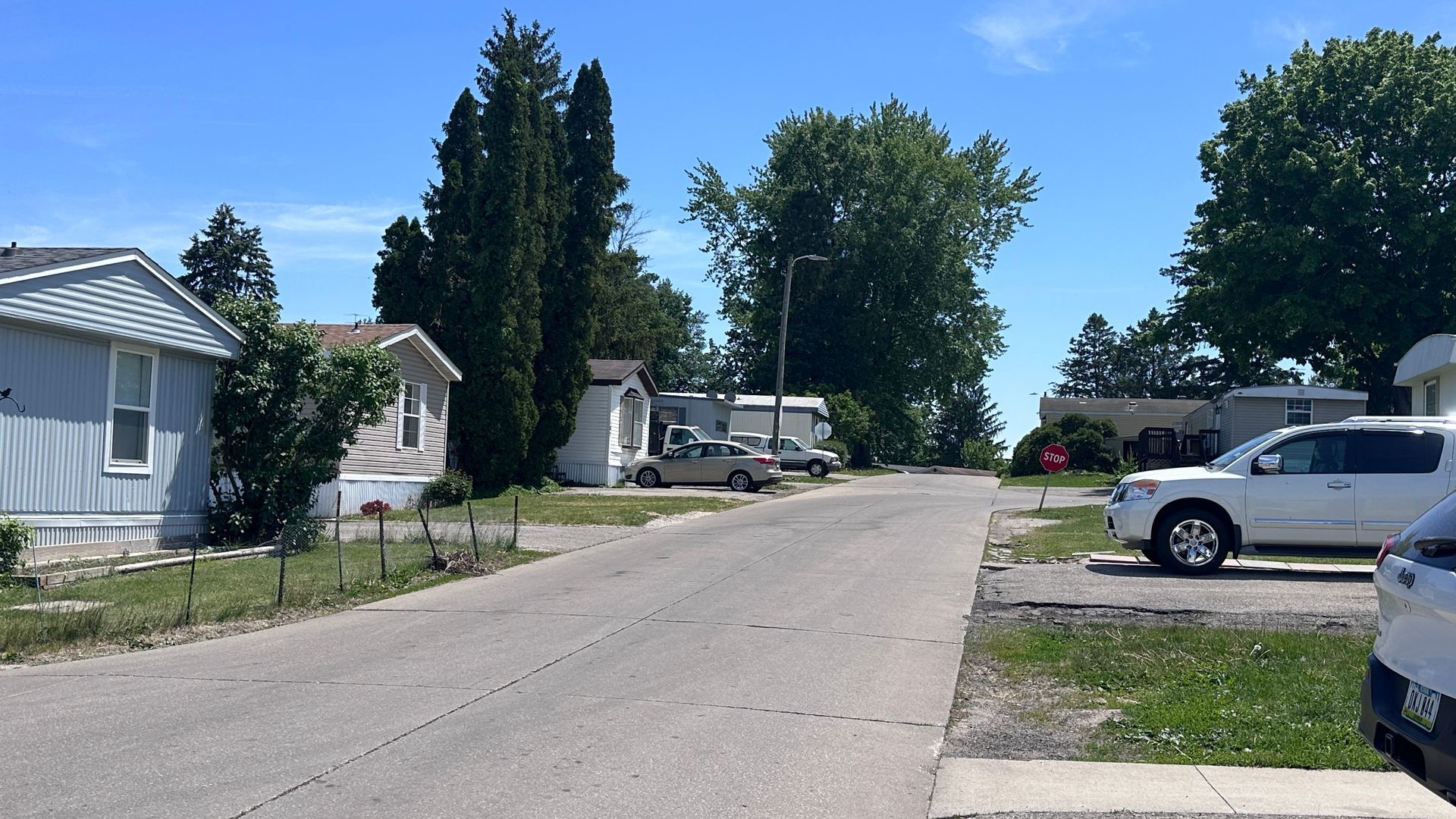 Quiet residential street with parked cars, houses, and tall trees under a clear blue sky