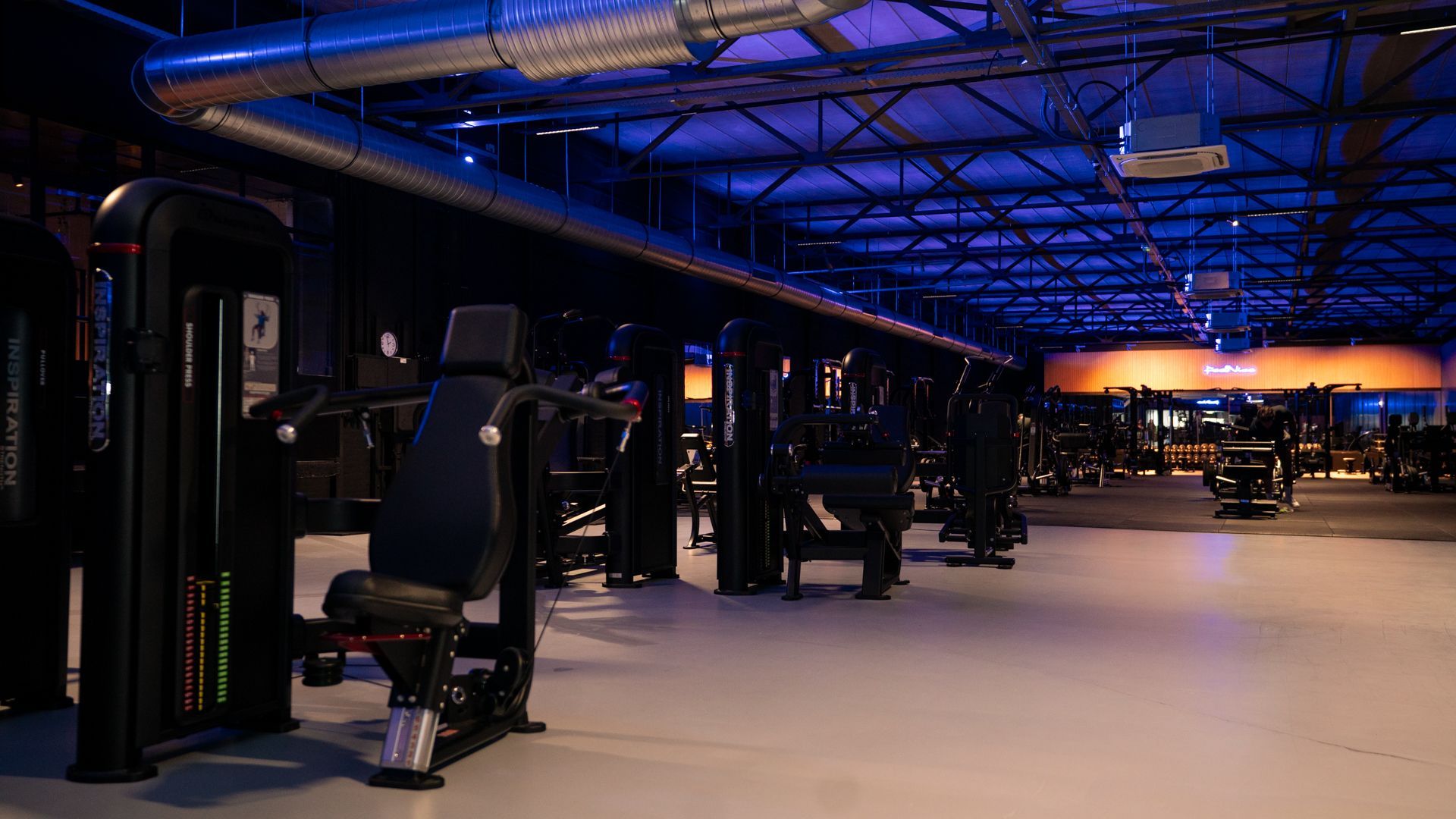 Rijen zwarte halters op een rek in een sportschool, tegen een onscherpe achtergrond.