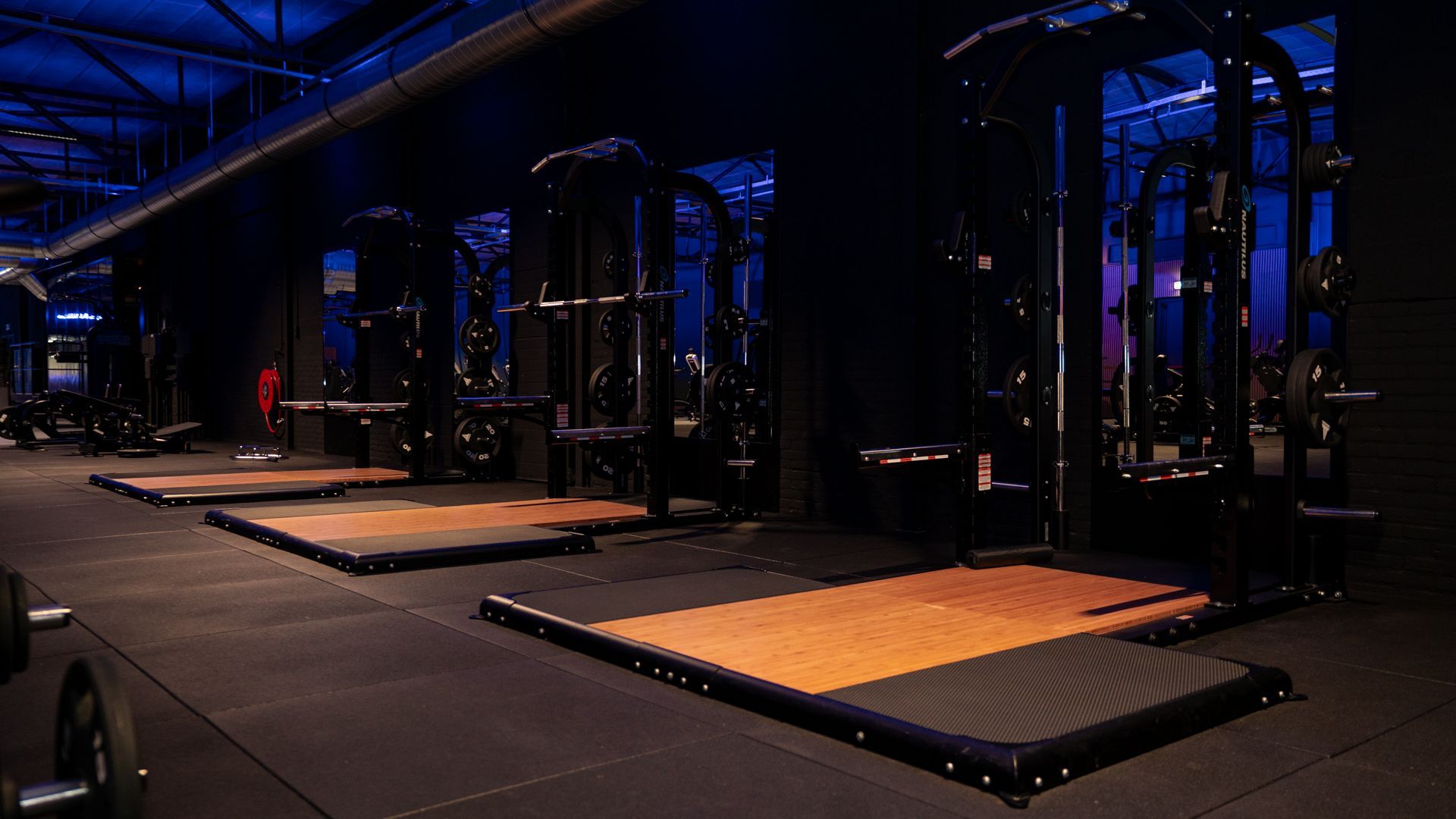 Rijen zwarte halters op een rek in een sportschool, tegen een onscherpe achtergrond.