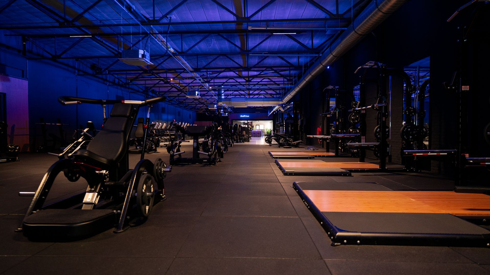 Rijen zwarte halters op een rek in een sportschool, tegen een onscherpe achtergrond.