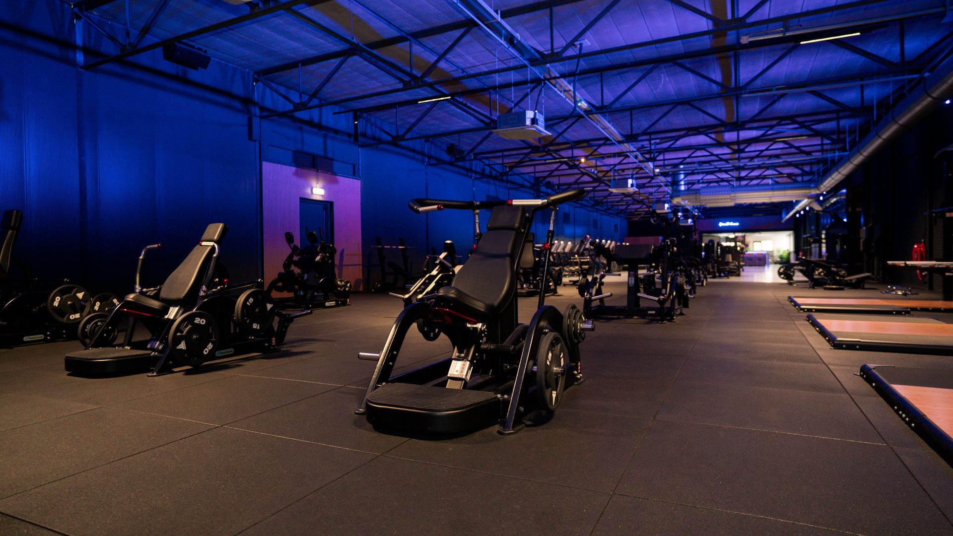 Rijen zwarte halters op een rek in een sportschool, tegen een onscherpe achtergrond.