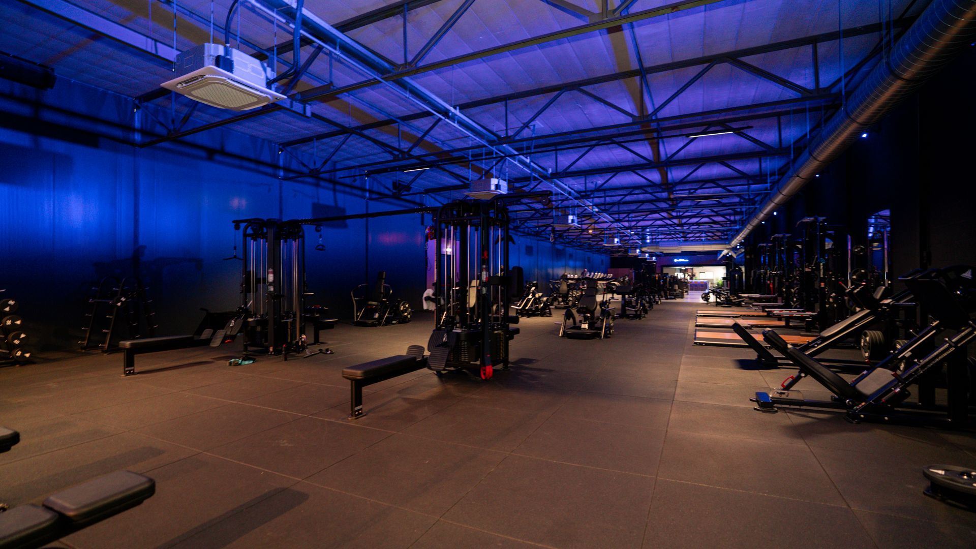 Interieur van een sportschool met loopbanden, halterbanken en gewichten bij de ramen.