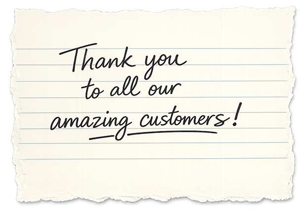 Handwritten thank-you note on lined paper: “Thank you to all our amazing customers!”