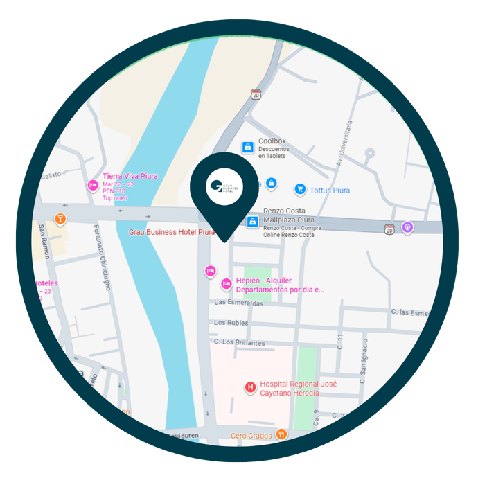 A circular map view showing streets and a body of water, marked by a dark location pin in the center.