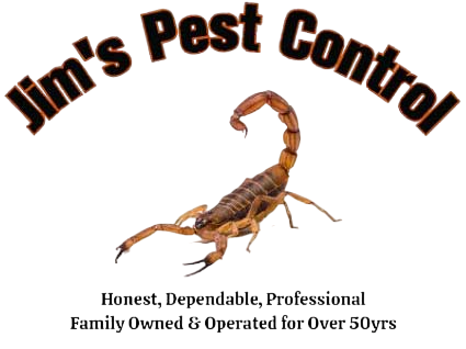 Jim's Pest Control logo: scorpion illustration, company name, text describing services and longevity.