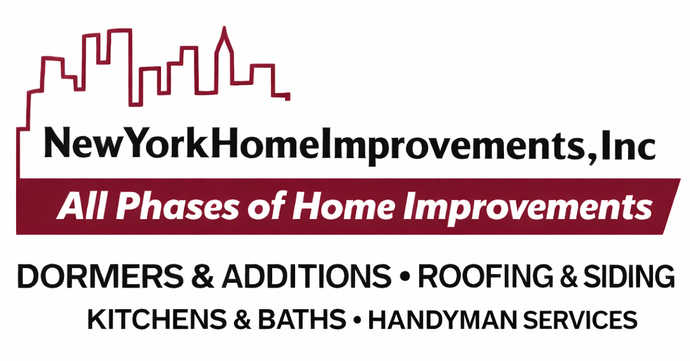 Logo for New York Home Improvements, Inc. featuring a city skyline silhouette above company name and service list.