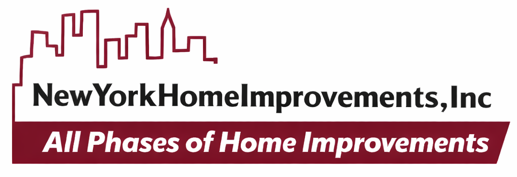 Logo for New York Home Improvements, Inc. featuring a skyline and maroon banner with text 