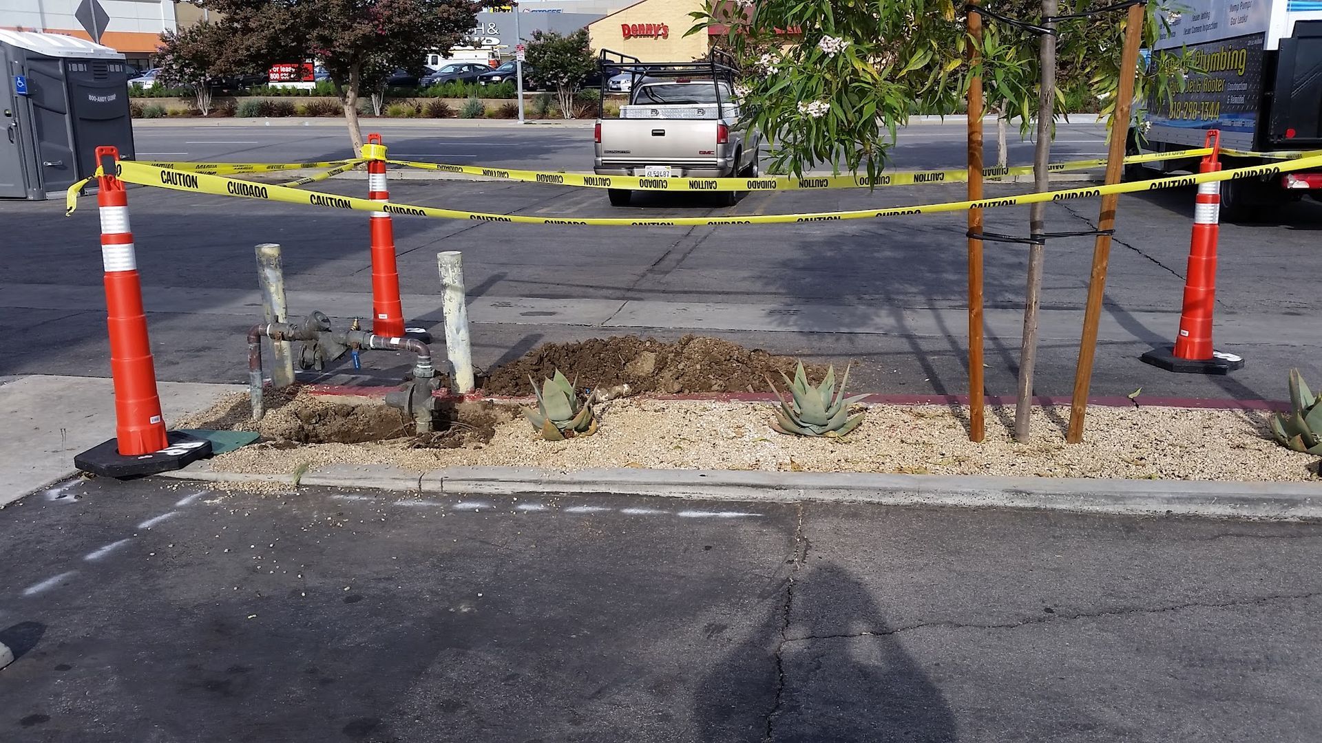 Landscaped median in parking lot, roped off with caution tape and traffic cones.