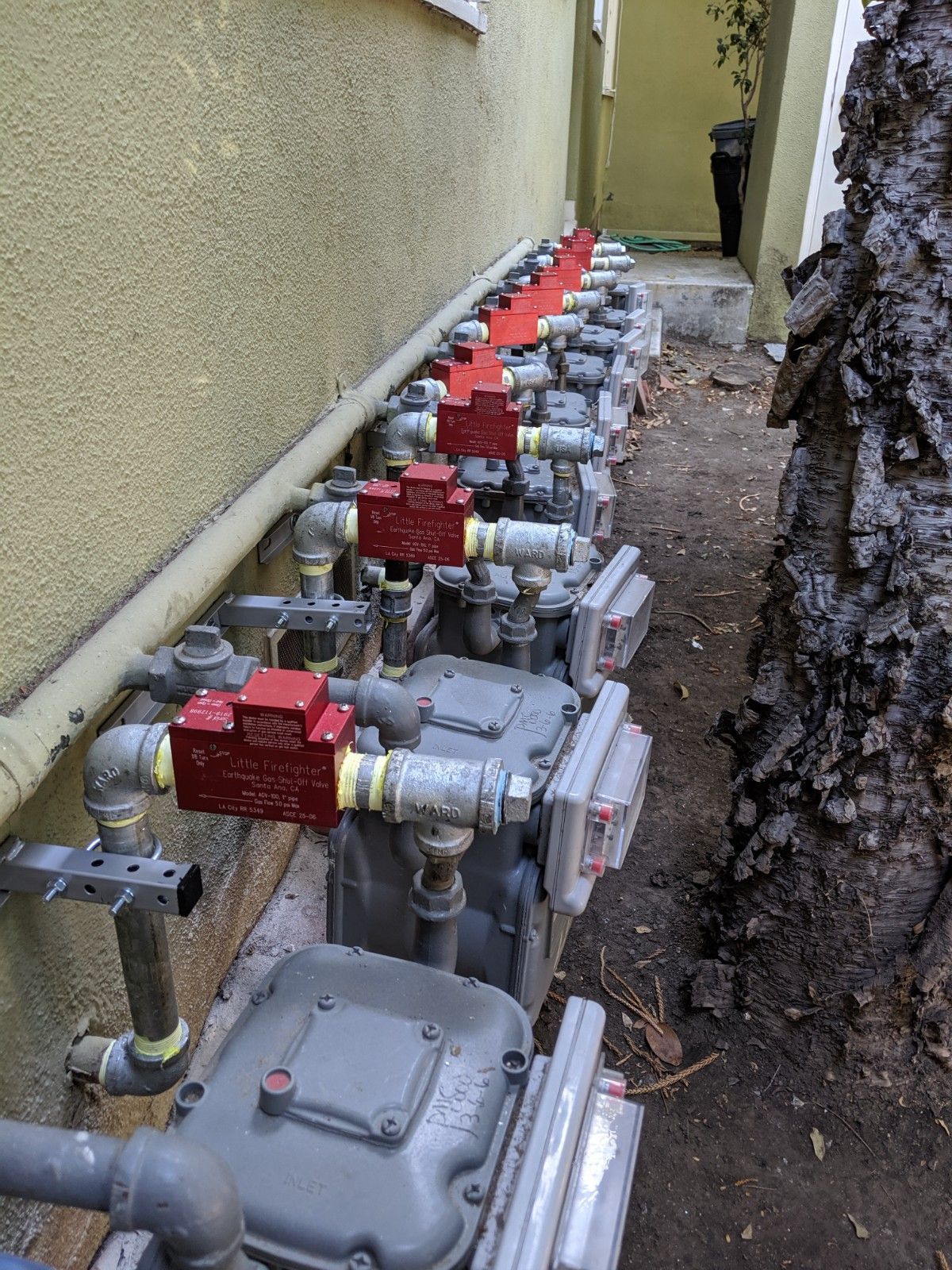 Row of gas meters with red shutoff valves along the side of a building, near a tree.