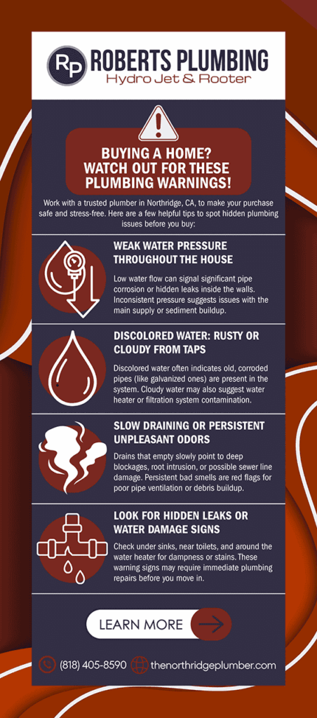 Roberts Plumbing ad: tips to spot plumbing issues. Dark blue background with white icons & text.