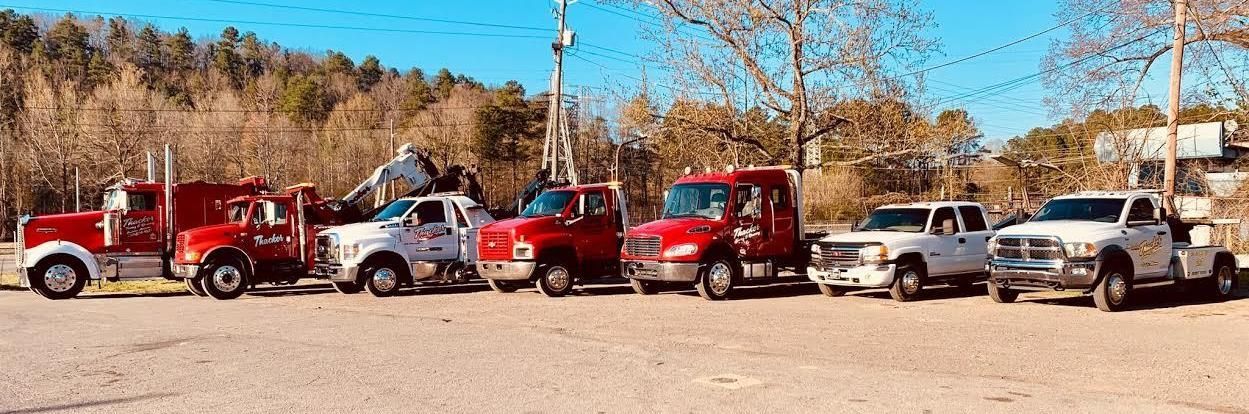 Seven service trucks parked in a row on a sunny day. Red and white vehicles; some tow trucks. Trees in the background.