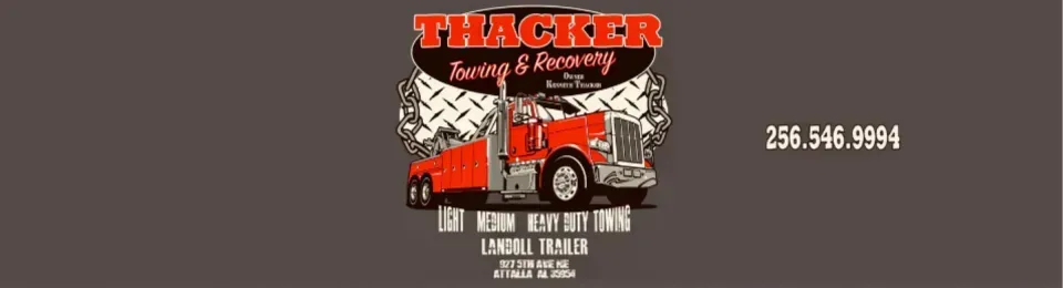 Trucker towing service logo with a red and silver semi-truck and the phone number 256.546.9964.